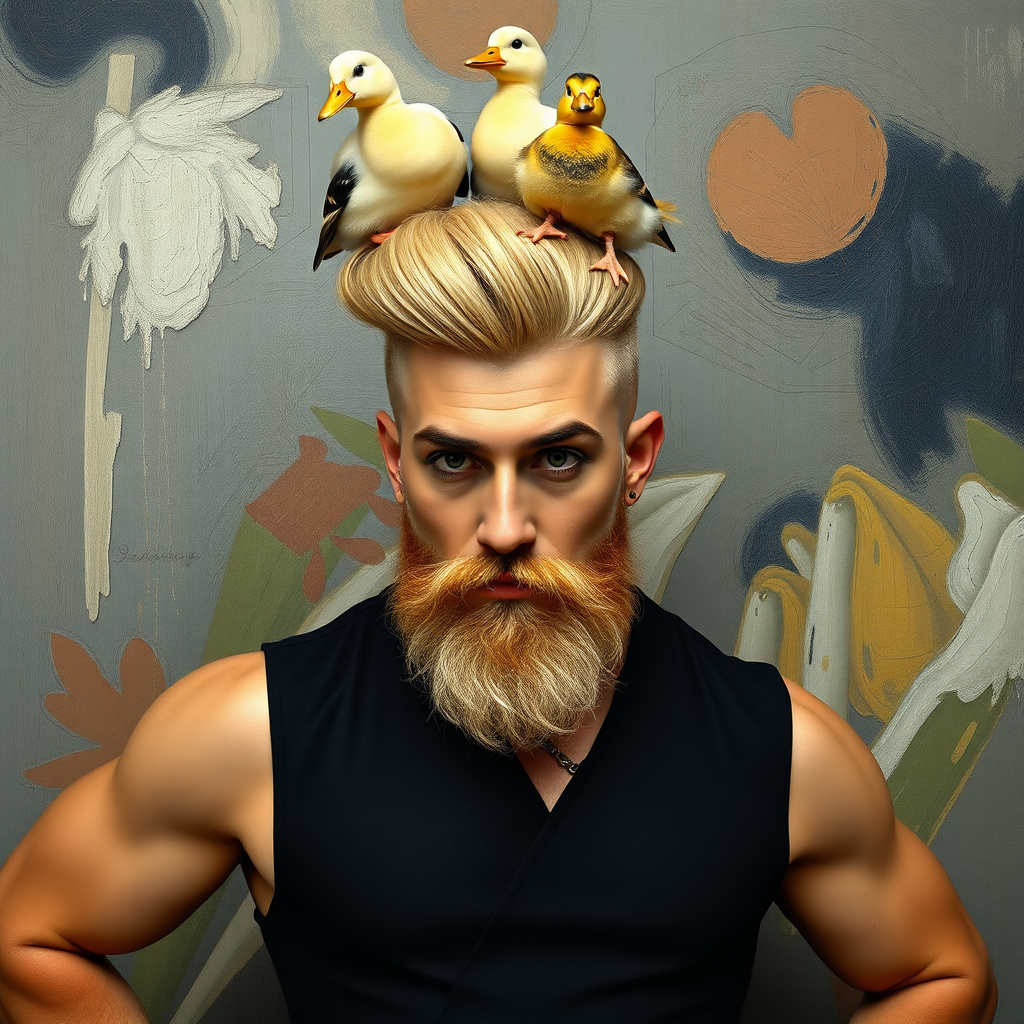 A 4K hyper-realistic photograph in the style of Kandinsky, blending surrealism with kitsch. The subject is a man with an extravagant, Italian blond haircut, styled in a flamboyant bun, paired with a sexy, Masculine look. He sports a neatly groomed, three-day beard — short, evenly distributed, with a light shadow effect across the chin, jawline, and cheeks. His makeup is dramatic, like a drag queen, adding to the boldness of his appearance. He has a muscular, athletic build. He’s dressed in an extravagant, he wears a dress painted by Kandinsky. standing confidently with his hands on his hips. Above him, smaller ducks rest playfully on his head. The background is a painting by Kandinsky.