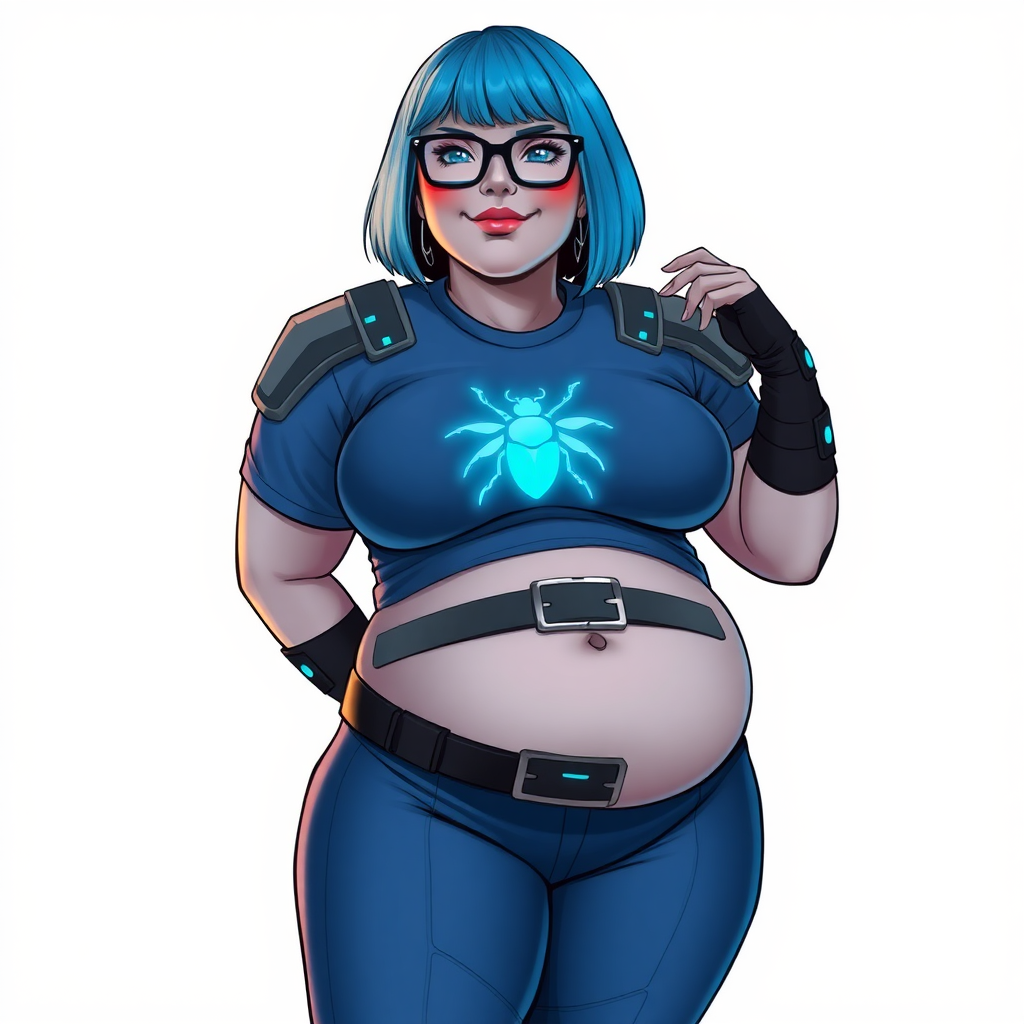 A 28-year-old, full-figured, middle gray skinned computer program hybrid with a maximum blue bob cut. She has a non-athletic, full-figured build, highlighted by a prominent, round, large midsection (with full emphasis on her large belly). As the full-figured, nerdy, digital sidekick to her cyberpunk vigilante boyfriend, her middle gray metallic skin and maximum blue lipstick emphasize her digital nature. She wears a digital, computerized costume inspired by DC’s Carrie Kelly Robin, consisting of a huge, tight-fitting, maximum blue t-shirt with a neon blue glowing chest icon of a beetle, hi-tech shoulder pads with neon blue accents, a black hi-tech belt with a digital neon blue glowing buckle, digital maximum blue pants with neon blue accents, and black hi-tech fingerless biker gloves with neon blue glowing accents. Her bright blue eyes, black eyeglasses with glowing neon blue lenses with a built-in HUD, and shy smile with neon red blush accentuate her nerdiness. She stands bashfully with one hand behind her back and the other hand gently touching her cheek, her costume covering all her skin and emphasizing her full-figured physique (especially her belly). She is clearly non-athletic, with a heavy focus on her large belly. Despite her build, she radiates beauty. She has a slim face compared to her physique, accentuating her radiant beauty. She is on a solid white background. She is drawn as if she were in a retro 2D cyberpunk fighting game. Her full figure is on full display and fully emphasized.