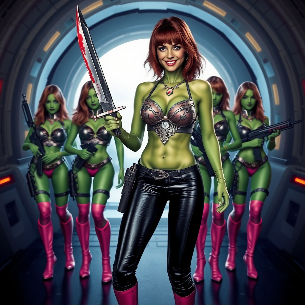 Tall, beautiful green skinned woman. Her brown hair is in a shag-cut style. Her eyes are gold. She is dressed in an ornate metal bra. She is wearing black leather pants, with pink knee high boots. She is holding a large, bloody dagger in a threatening manner. She is smiling. A sci-fi looking gun is holstered at her hip. Four other green-skinned woman, dressed in metal bikinis, each carrying a weapon, stand with her. They are at a sci-fi looking space-port.