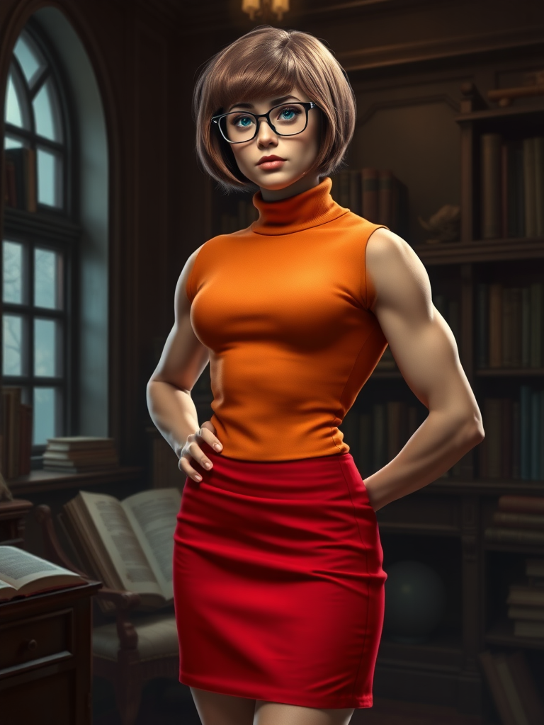 Photorealistic full-body portrait: Velma Dinkley reimagined. Combine Velma's iconic head, hairstyle, facial features, glasses onto inverted triangle physique of male bodybuilder. Adapt her classic orange turtleneck, red skirt outfit to fit muscular frame. Background inspired by Mystery Inc. adventures: dim library shelves, dusty artifacts, half-open books. Eerie mansion window visible. Soft, dramatic lighting highlights muscular definition. Velma's expression curious, determined. Pose showcases new physique while maintaining character essence. Include subtle nods to Scooby-Doo lore in scene details.