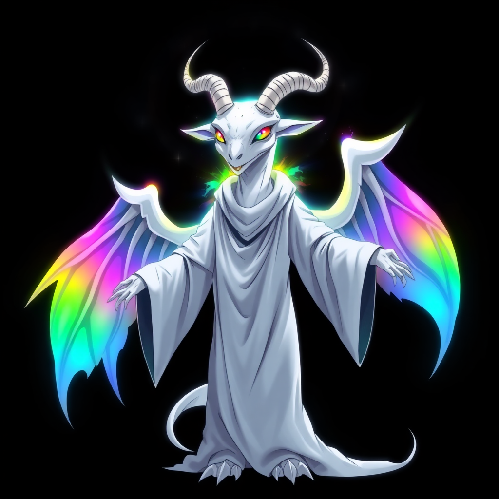 (Anime Styled Art) Against a deep black background, a tall, white reptilian humanoid resembling a goat stands gracefully. Its striking rainbow eyes glimmer with intensity, complemented by two elegant white horns that curve upwards. Clad in flowing white-black robes, the figure is enveloped in a chaotic rainbow aura that radiates vibrantly around its entire body. With arms extended outward, it showcases three ethereal angel wings that add an air of divine mystique.