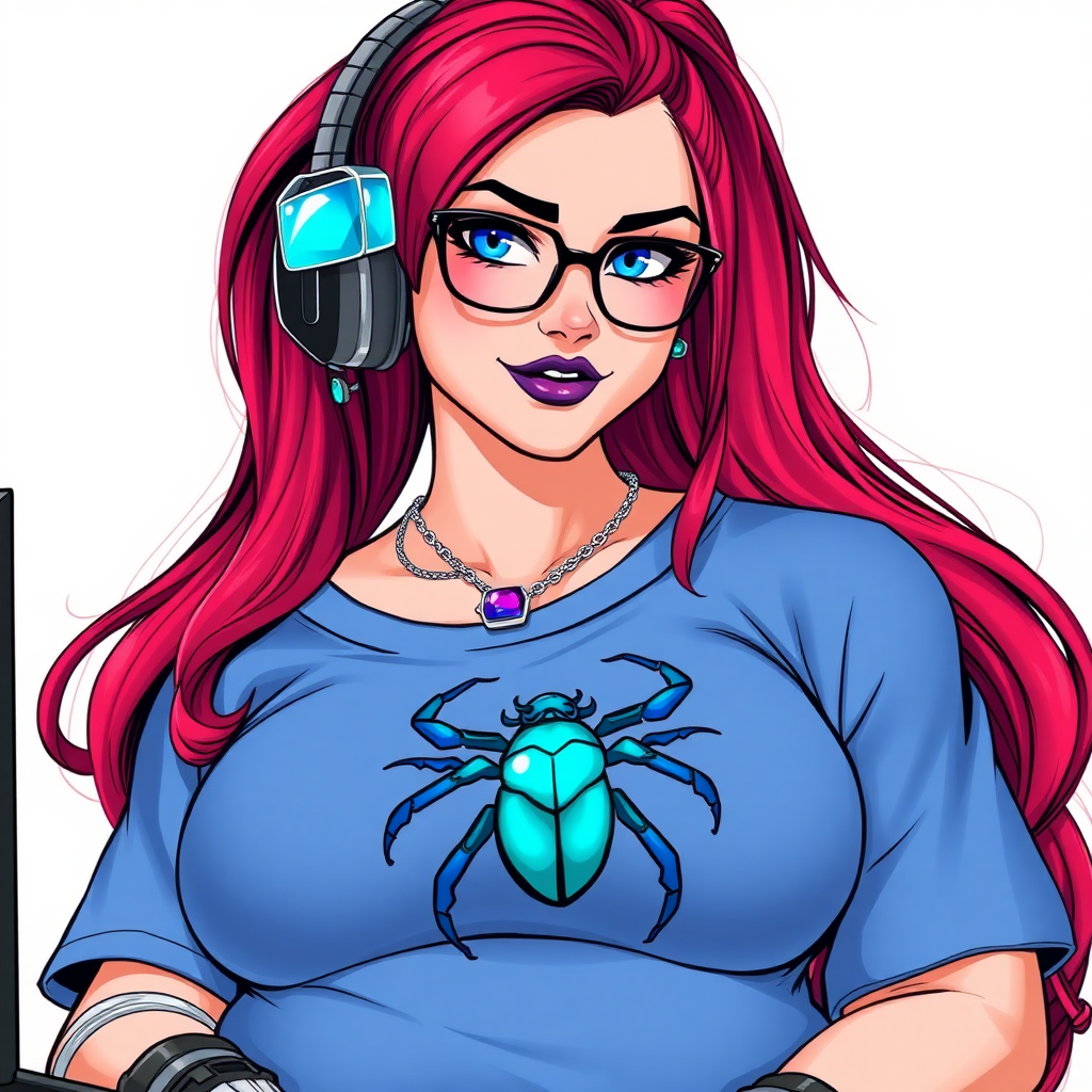 A cyberpunk vigilante’s full-figured intelligent and tech-savvy 29-year-old girlfriend, who is a computer hacker and tech genius. She has a long ruby red ponytail. She wears maximum blue lipstick, bright blue eyes, a sapphire beetle gemstone necklace, sapphire earrings, black eyeglasses, hi-tech metal arm armor, and an oversized maximum blue t-shirt featuring a blue sapphire gemstone crusted beetle chest icon. She has a full-figured physique with a prominent, massive, round belly, reflecting her well-cared-for lifestyle. She sports a sapphire headset with a hi-tech maximum turquoise lensed HUD, and a shy smile with a neon red blush. She serves as his tech expert from his hideout, diligently working at her lab table and computer desk. The background is solid white. She is drawn as if she was in a retro 2D cyberpunk fighting game.