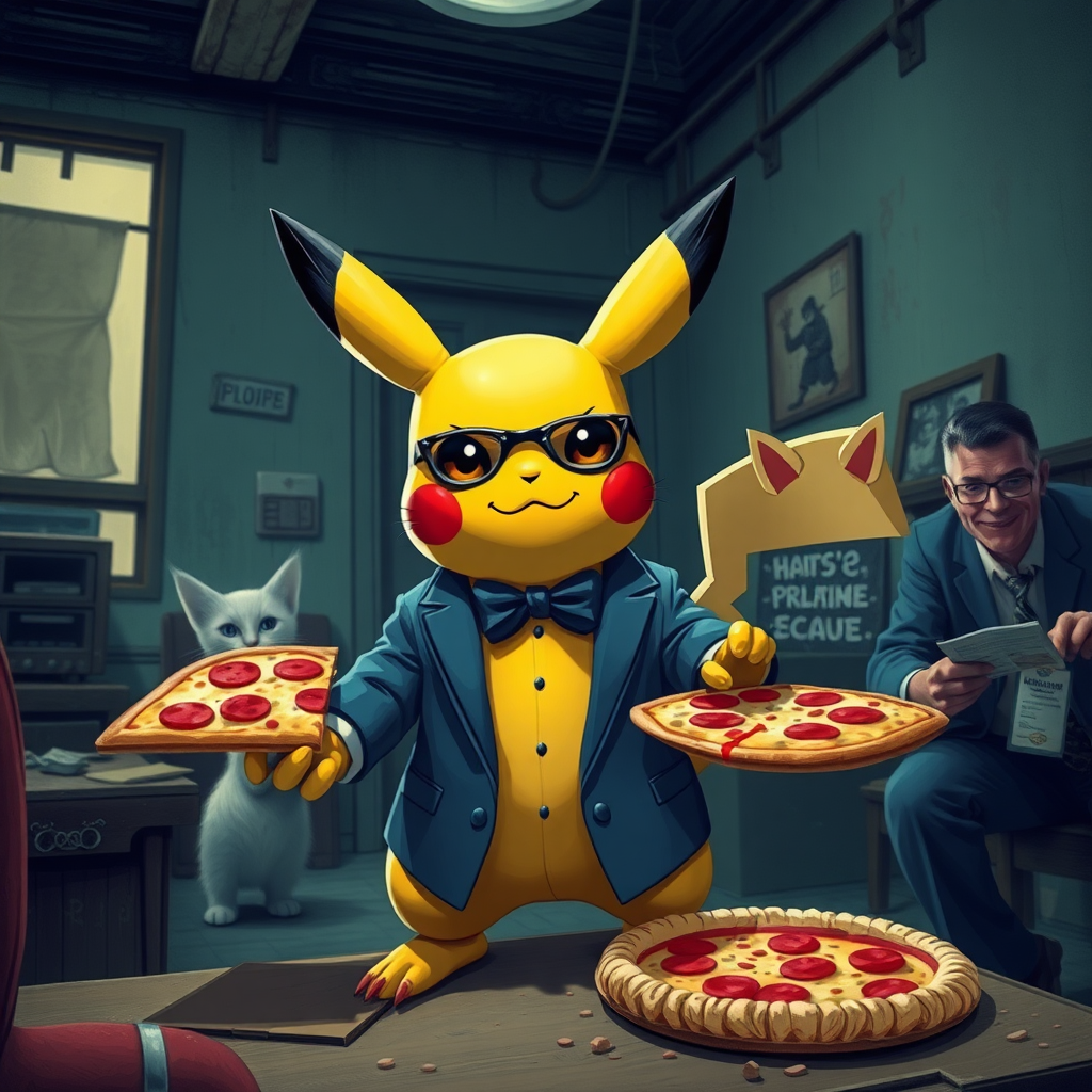 A well dressed handsome Pikachu demon delivering pizza to angry used car salesmen kittens in a decayed apartment