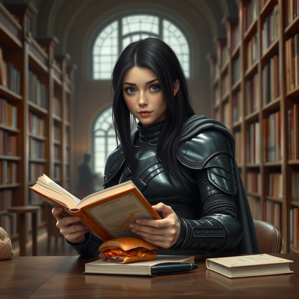 beautiful young woman, dark hair, past her shoulders, blue eyes, small, slim figure, wearing full leather armor suit, long cloak, reading a book at a table, with sandwich on the table, in a large school library.