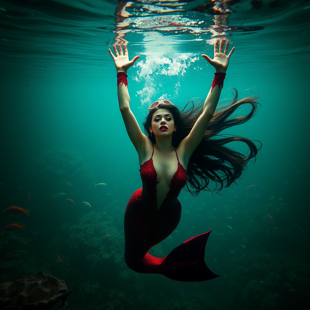 Vampirella floating underwater as a very sexy mermaid. The sea is deep and mysterious and filled with a myriad of ocean life plants, fish, and other aquatic life. Her glamor brought to real life in high definition DSLR. Dramatic lighting and shadows. Arms up.