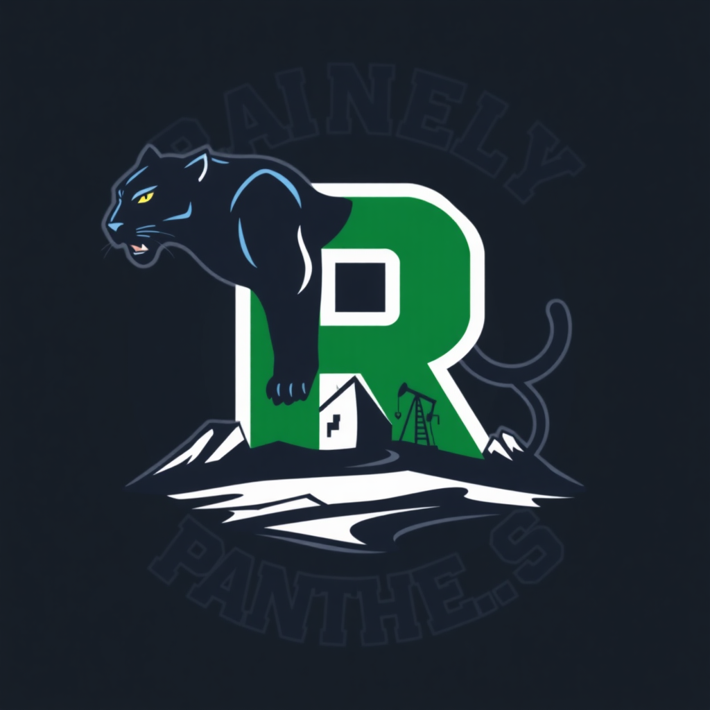 Generate a new logo for the Rangely Panthers in Colorado that includes the capital letter R, a black panther, foothills, and an oil pump. Make the R green.