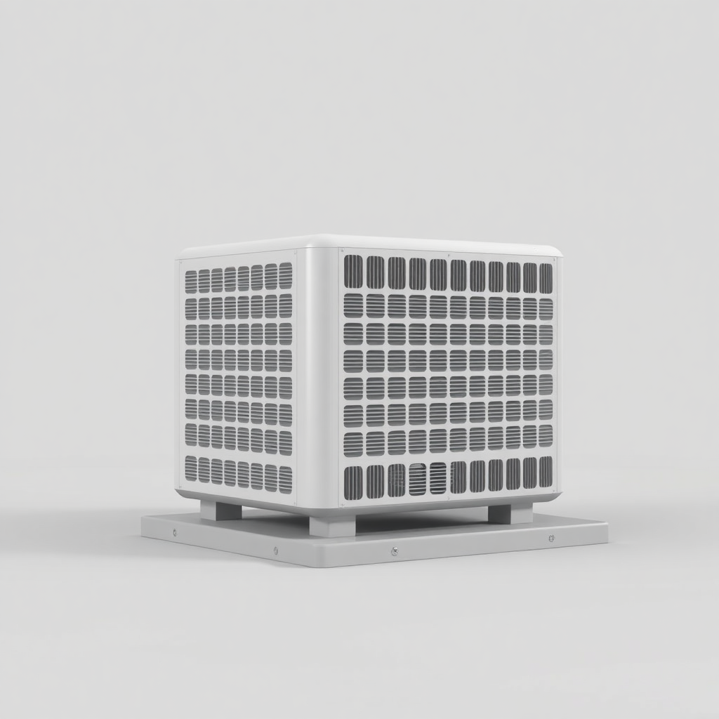 A simple, 3D model of a standard residential outdoor air conditioning unit or condenser. The unit should be placed on a flat surface. The unit should be a neutral color. Plain, uncluttered background. No text.