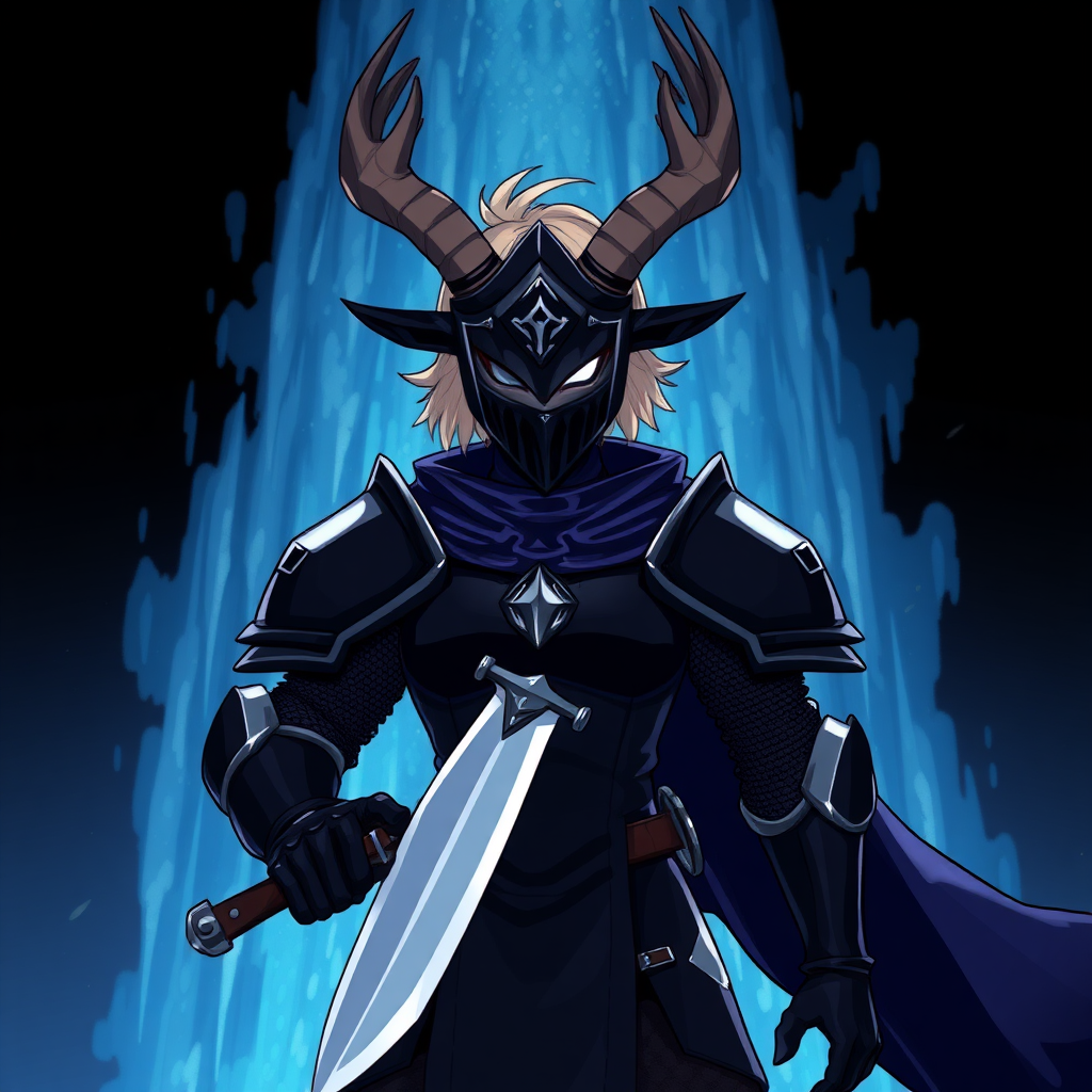 (Anime-pixel art) background of a massive dark blue-black-dark magic fountain erupting into the air, a fierce and violent knight stands poised for battle. She wears sleek, black knight armor, marked by a small white eye symbol at its center, exuding an air of intimidation. Her face is obscured by a terrifying goat-like mask, with a single glowing white eye on the right, and another white eye symbol perched at the top of the mask, adding to her menacing presence.

The knight's imposing silhouette is accentuated by two large, dark-silver shoulder guards that gleam ominously in the darkness. Draped behind her is a flowing dark-blue cape that billows dramatically, hinting at her formidable power. Atop her head, two impressive deer antlers rise, further enhancing her fearsome appearance, while her short, tousled blonde hair peeks out from beneath the mask, she is holding in her knife-with black-dark magic meant to open dark fountains.

This is the Roaring Knight, known as Mayor Holiday from Deltarune, captured in a striking full-body view that highlights both her ferocity and enigmatic allure.