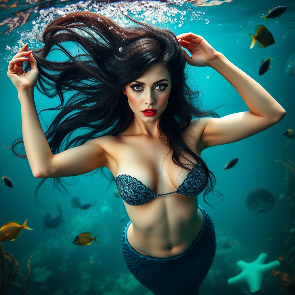 Vampirella as a fit and trim mermaid underwater amazing loose flowing hair floating in a nimbus around her beautiful face her arms outstretched languidly over her head. she's looking down into the viewer's eyes making intense eye contact. modesty protected by fish. Burlesque. Stunning undersea life details plants and fish and other creatures of the sea. Amazing HD DSLR photographic output.