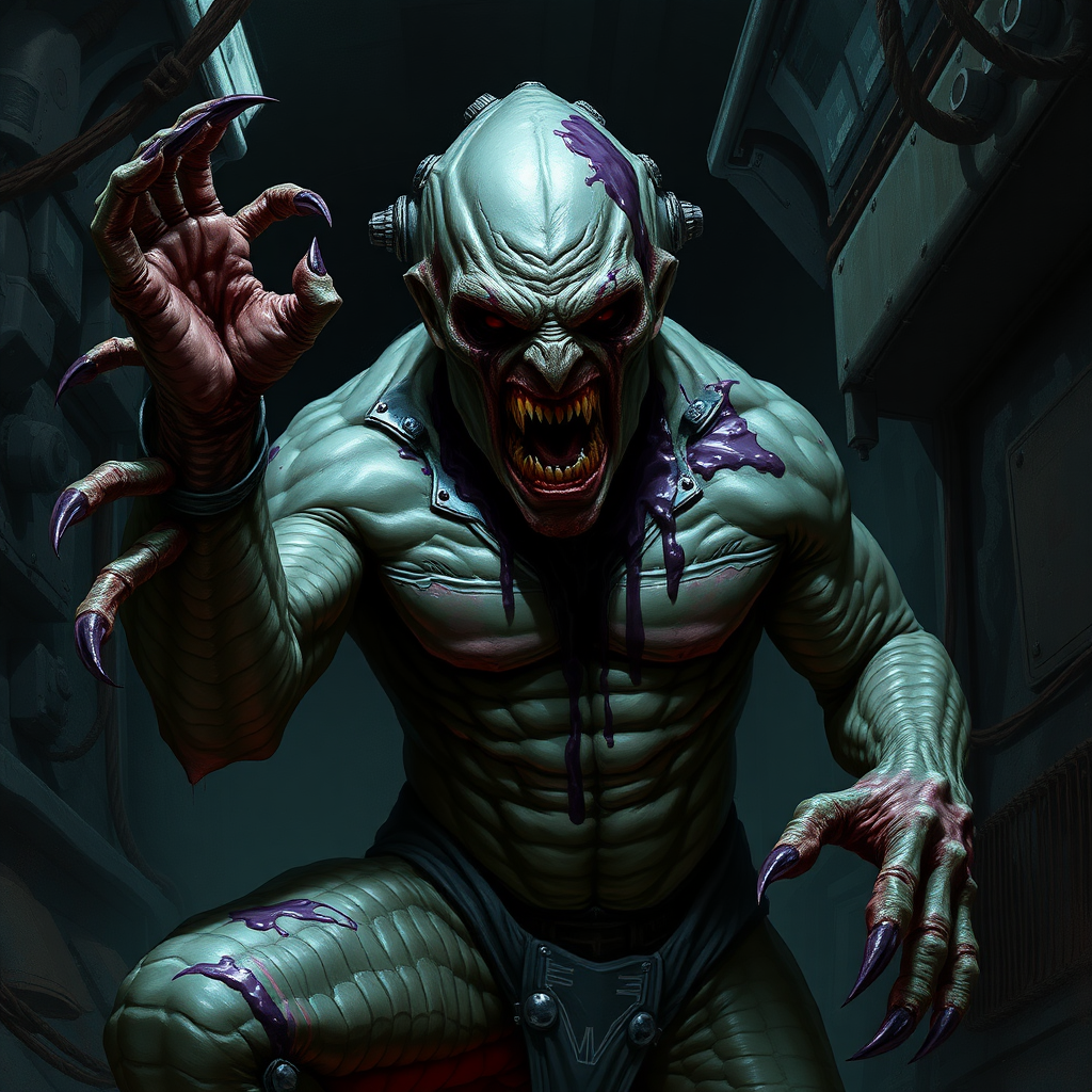 Sci-fi digital horror painting. Heavily mutated crew member, skin covered with sturdy scales, his body and limbs elongated and twisted while muscles ever tensing. Aggressive violent snarl on face. One hand has long sharp claws while the other looks relatively normal. Dark purple goo oozing all over him. Dark rocky industrial corridor.