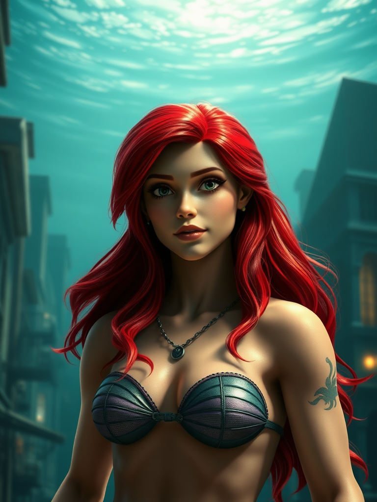 Create a hyper-realistic render of Ariel, using the body type of Leon Kennedy from Resident Evil. Keep Ariel's head intact while modifying the silhouette to reflect Leon's physique. Design the background to be a fitting blend of an underwater kingdom and an urban environment from Resident Evil, capturing elements from both character worlds. Ensure the setting complements Ariel's original essence while incorporating Leon's atmosphere, resulting in a cohesive and imaginative scene.