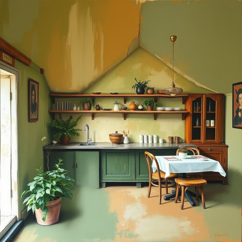 Original painting for a hotel restaurant in the hinterland of Nice. Family establishment off the beaten path. Work in the spirit of wabi-sabi painting, around green and ochre colors. Comforting painting, combining rusticity and modernity.