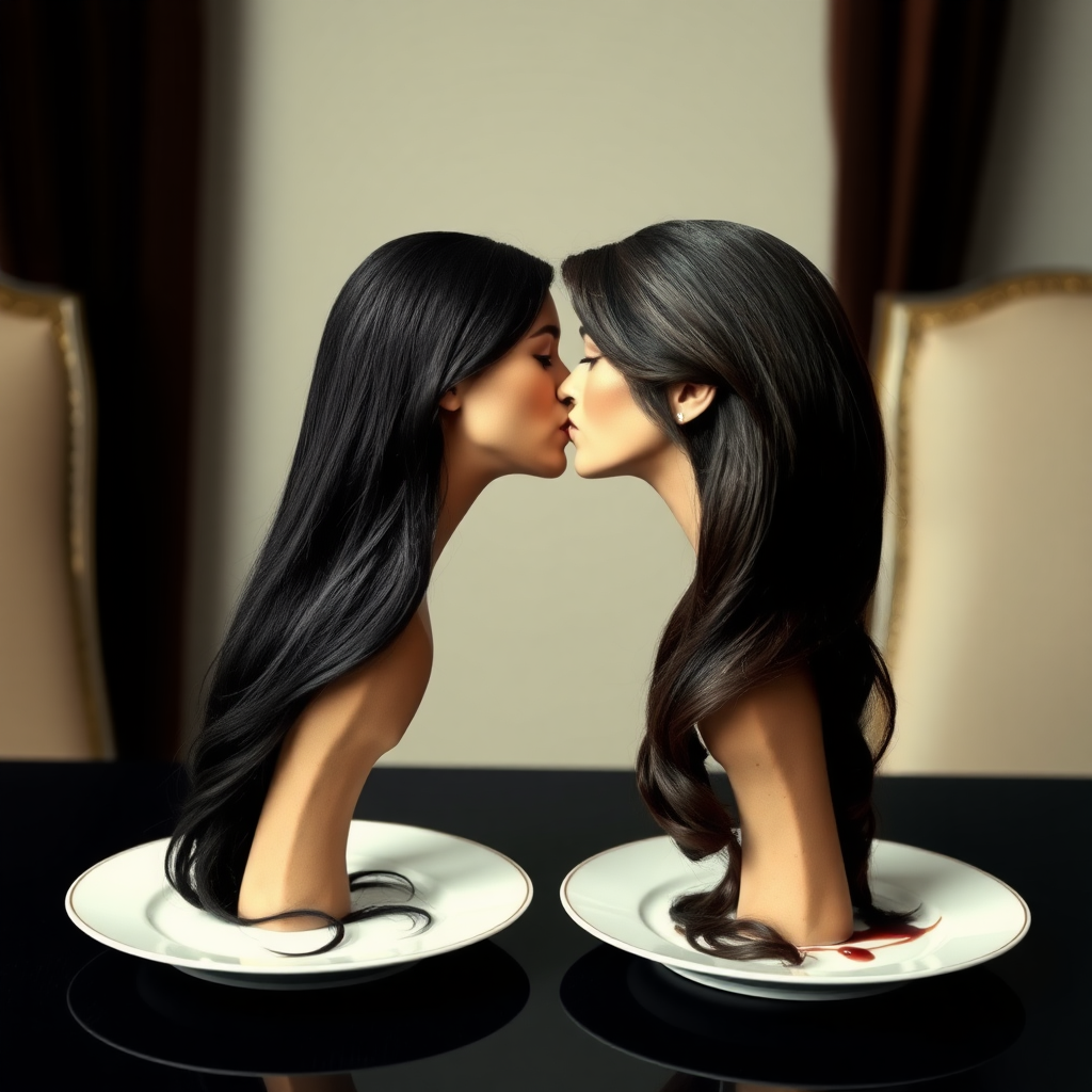 Surreal image of the disembodied heads of very long haired Meghan Markle and Kate Middleton served on plates. They are kissing each other.