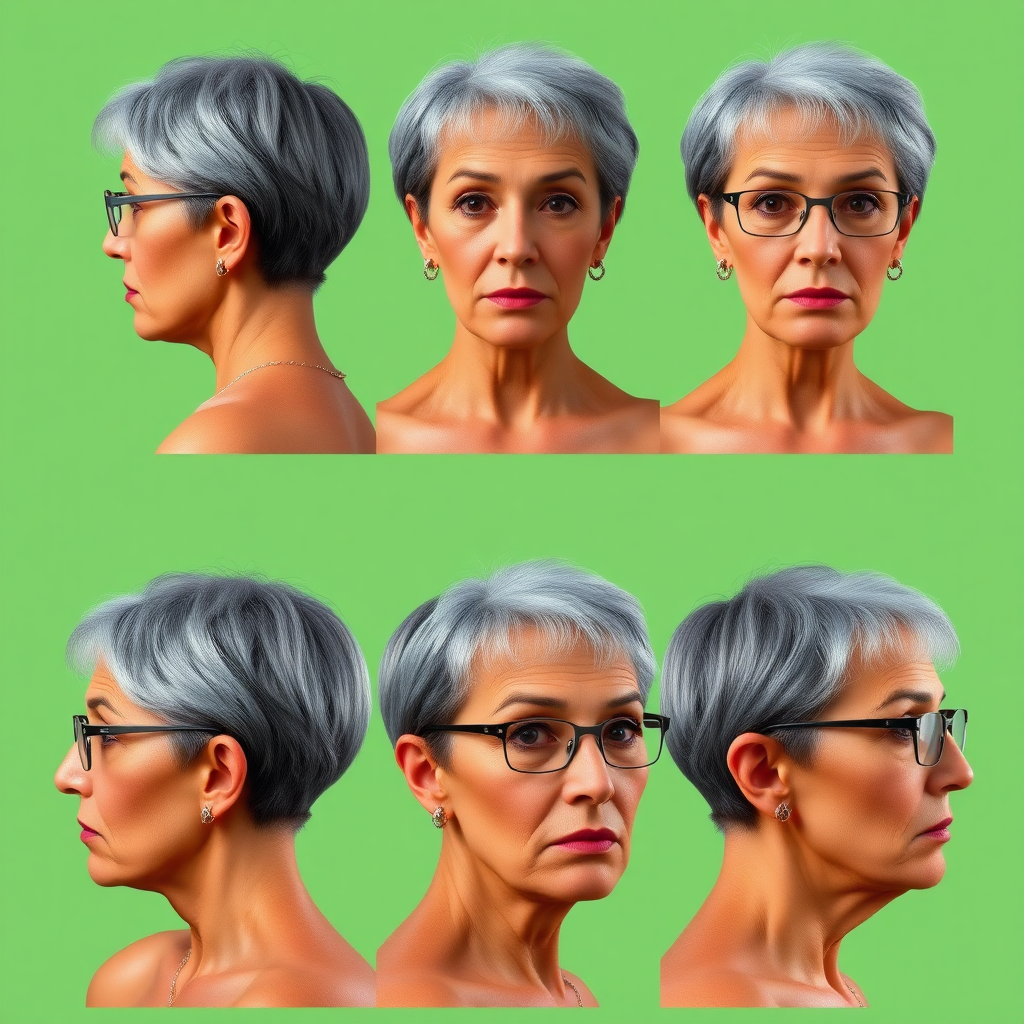 Photorealistic image of six headshots of a 50 Years old, fit, European, Latina, sharp aquiline nose, wrinkles, high cheekbones, Middle Eastern, Skinny, Tanned skin, Dark light skin, full Makeup, jewelry, Sharp nose, frowning, astonished, shocked, dark grey Ash hair, short bowl haircut, Brown eye color, Glasses, with detailed features. Each photo displays the same face in back, profile and front view, cut out and isolated on a green background. All six heads are visible side by side, empty space around each view, no overlapping.