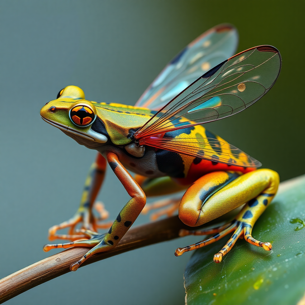 Generate a full-length, highly detailed image of a frog with its body structure seamlessly transformed into that of a horsefly. Ensure that the anatomical precision is maintained, showcasing the unique features of both creatures in harmony. The frog's vibrant colors and patterns should blend with the iridescent wings and facets of the horsefly. The background should reflect a natural habitat, adding depth and context to the composition. Render the scene in the style of award-winning wildlife photography, highlighting the textures and intricate details of this intriguing hybrid creature. Capture the essence of both animals in a visually striking way.