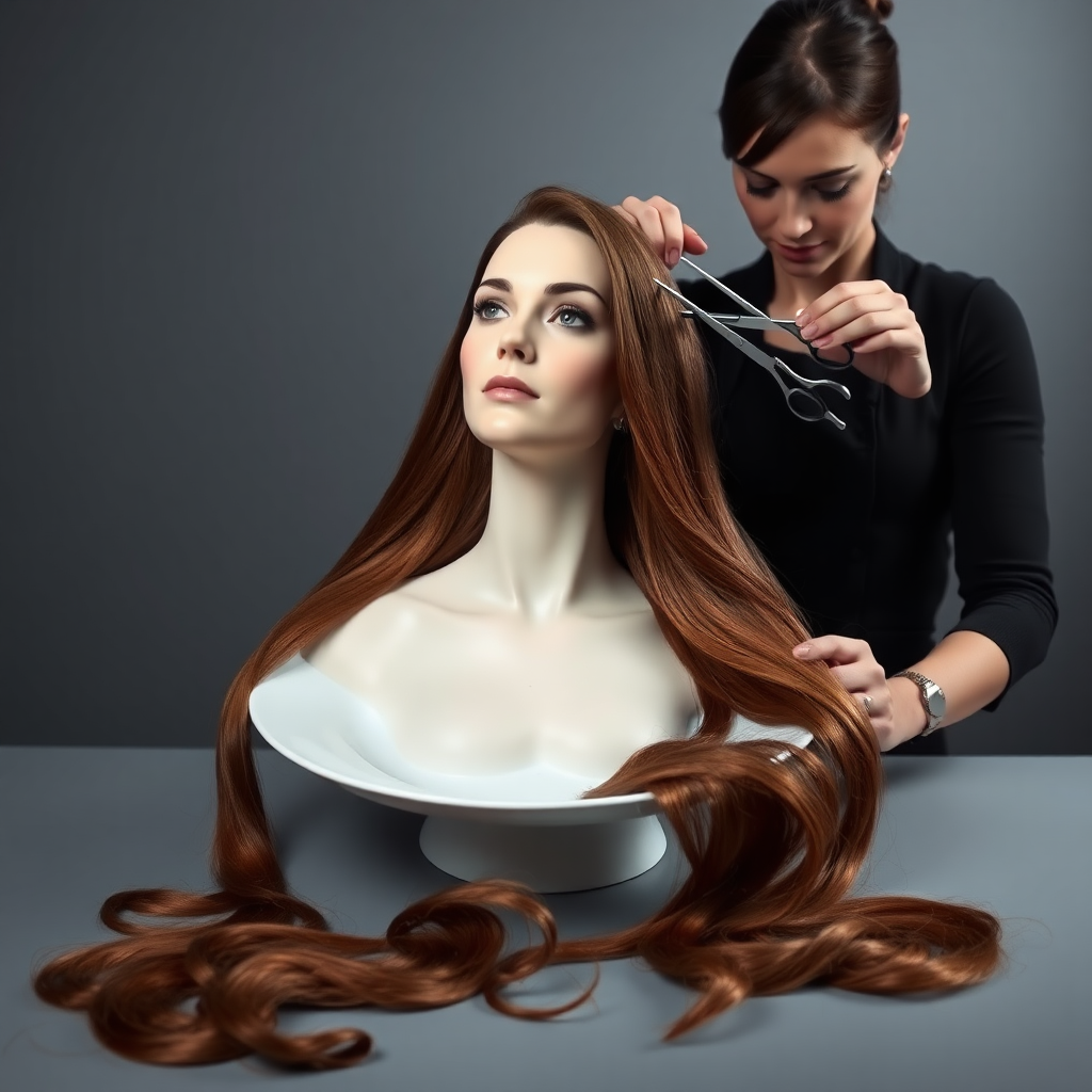 In a strikingly surreal scene, a beautifully crafted porcelain plate holds the disembodied head of a graceful Kate Middleton, her long, flowing hair cascading around like a luxurious waterfall of silky strands, shimmering in various shades of deep chestnut. Each hair seems to catch the light, creating an almost ethereal glow. Nearby, a meticulous hairdresser, dressed in a sleek black apron, carefully snips away at Kate's locks with precision scissors, their actions fluid and deliberate, emphasizing the delicate artistry of the moment.

The setting boasts minimalist decor, with a plain gray background that heightens the focus on this bizarre tableau. Soft shadows play across the smooth surface of the plate, enhancing the haunting beauty of Kate's serene expression, which conveys both elegance and an uncanny sense of stillness. The atmosphere is a blend of surreal calm and unsettling intrigue, pulling the viewer into a dreamlike space where reality and imagination intertwine. Gentle noises of scissors softly clipping away hair are the only sounds in this peculiar yet captivating scenario, heightening the tension and drawing viewers into this striking juxtaposition of beauty and the bizarre.