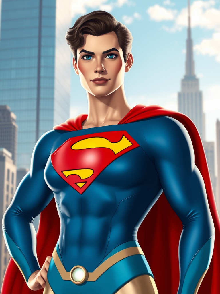 Create a full-length rendered image of Superman, using the female figure of Jane Jetson for the body. Retain Superman's head, hairstyle, and facial features while incorporating elements from Jane's costume into Superman's outfit. Adjust the costume to fit Jane's proportions and add embellishments inspired by Jane Jetson. Design the background to reflect elements from both characters, merging Superman's iconic cityscape with futuristic, sleek aesthetics reminiscent of the Jetson's world. Aim for a vibrant color palette that balances the classic superhero vibe with a modern, sci-fi twist.