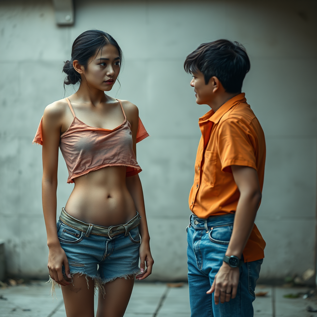 A young, neglected, homeless, unhygienic, unusually slender, almost anorexic Asian woman. Depicted as a whole person. Largely erotic, but with a sad and mystical expression. The Asian woman is wearing a torn, old, transparent, very short piece of fabric that is crop top and a completely tattered, shredded, very old pair of shorts. Shame is evident in her very Asian eyes. Facing her is a 60-year-old German man. The good-looking, youthful-looking, and well-groomed German man looks at the Asian woman as if he is offering her his help. The German man is clean-shaven and slim, has a normal fashionable haircut, his hair is dark brown, he is wearing a new, nice, simple orange shirt with a subtle pattern and new blue jeans. The German man looks friendly and smiles slightly, looking at the Asian woman kindly, as if she were his daughter. The Asian woman can hardly meet the German man’s eyes for shame. The Asian woman's stomach is slightly "inward" due to hunger. Her navel is always visible. The Asian woman has a very nice, normal physique. The Asian woman has a very light wound on her face. She looks as if she is about to cry. She looks miserable, sad, and completely hopeless!