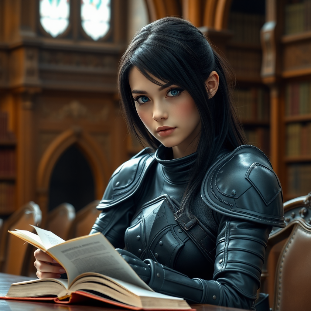 beautiful young woman, dark hair past her shoulders, blue eyes, small, slim figure, wearing full leather armor suit, sitting, sandwich on the table, reading a book, in a grand old library.