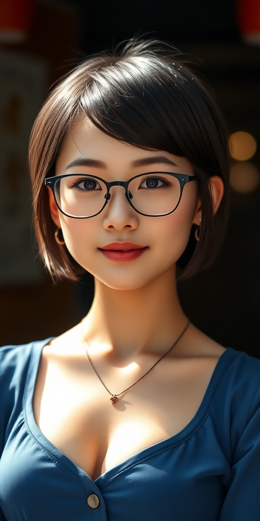 A beautiful Chinese girl, short hair, wearing glasses, slightly chubby, full-figured, small chest, in a blue outfit.