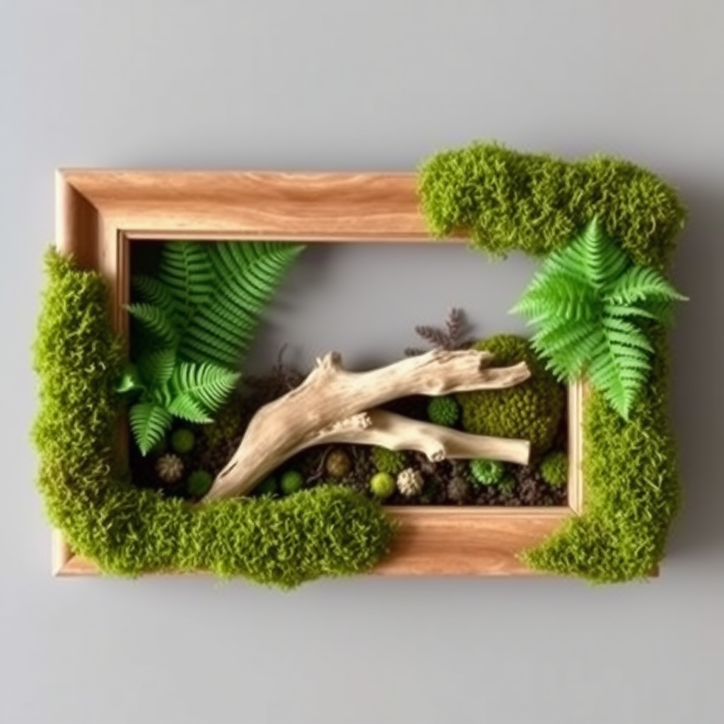 A picture frame is filled with ferns and moss, with a piece of driftwood in the middle, and moss covering the empty corners.