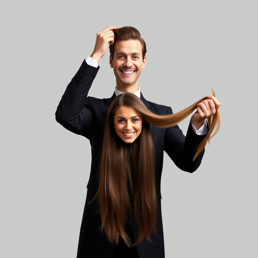 A surreal image of a smiling male magician holding up the disembodied head of a very long-haired Kate Middleton. He is grabbing her very long hair and pulling it up high in the air, while her head is hanging by her hair from his grasp to display it to the camera. Plain gray background.