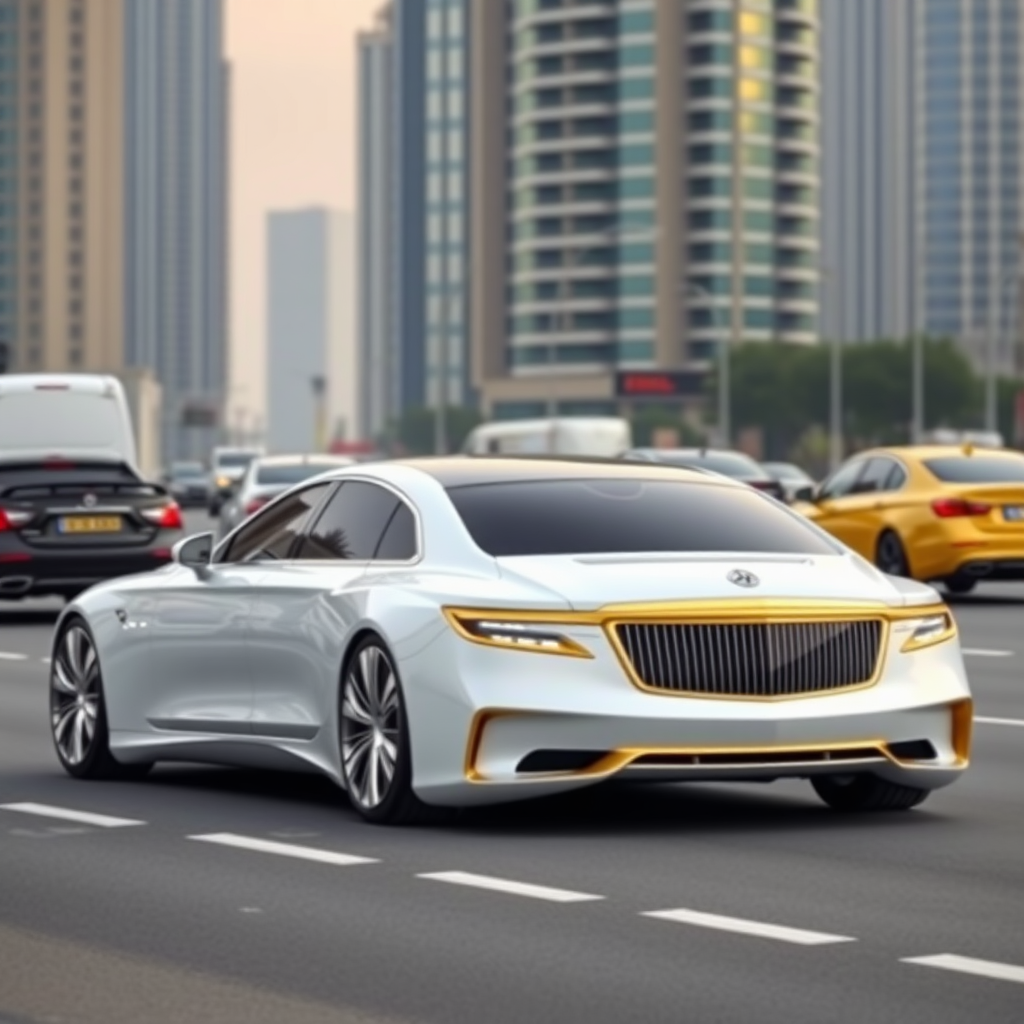 A photo of a futuristic Maybach designed sedan with 4 doors. The car is white with golden ornamentation. The car is parked on a street in Dubai with heavy traffic. The background contains skyscrapers.