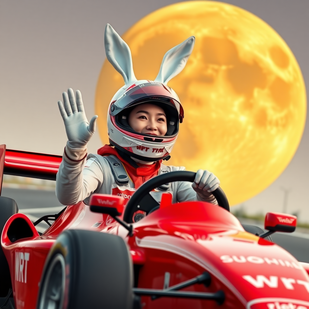 On the Earth circuit, there is a red Formula racing car with "WRT" written on it. A beautiful Chinese female racer, wearing a full racing helmet with white rabbit ears sticking up, is laughing and waving one hand while firmly gripping the steering wheel with the other. The background features a huge golden-yellow moon.