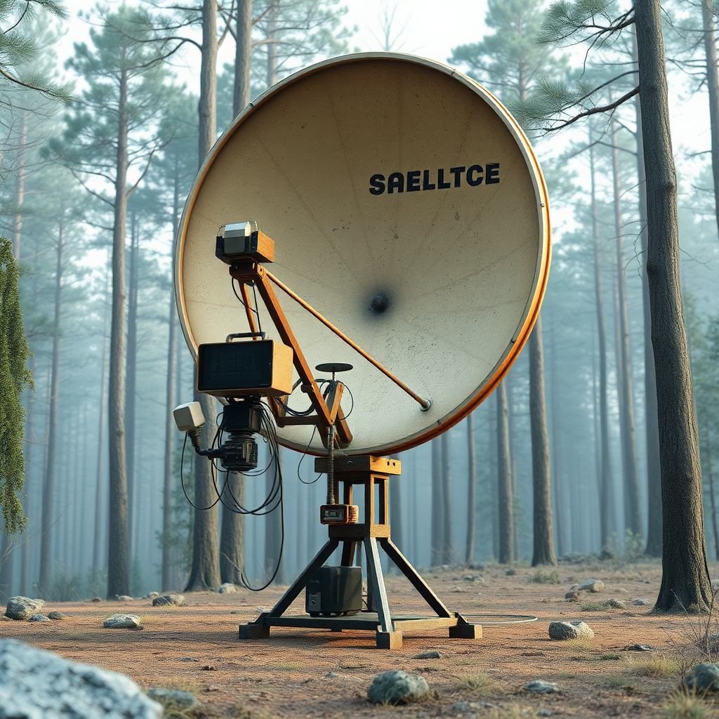 a full shot image of a high tech experimental rustic vintage satellite dish on a stand connected to some devices and equipment, 3d render in forest, concept art