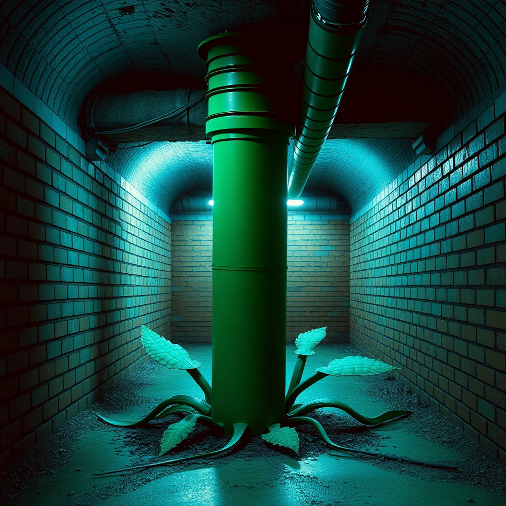 Interior. Underground scene with brick walls and floor. Blue tinted lighting. A large green drain pipe sticks out of the ground. A blue piranha plant imagined as a 1980s movie monster.