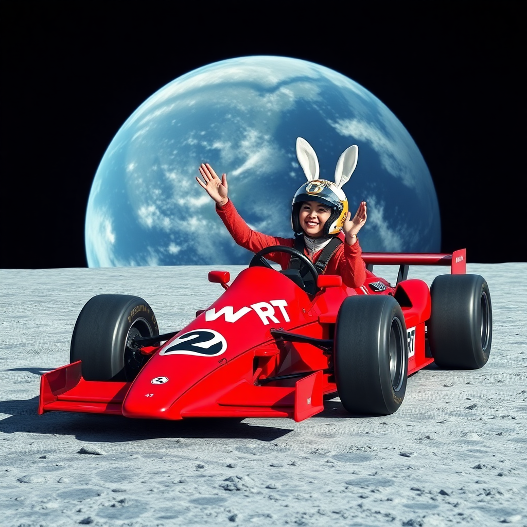 On the moon, there is a flat racetrack, with a red Formula racing car that has "WRT" written on it. A beautiful Chinese female racer, wearing a full-face helmet adorned with white rabbit ears, is laughing and waving one hand while gripping the steering wheel with the other. In the background is the huge Earth.