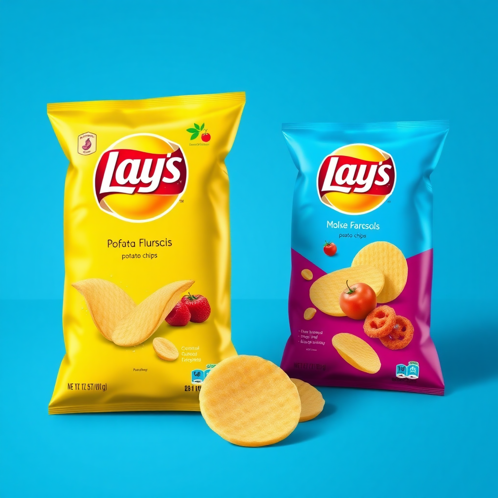 Design a contemporary and striking packaging for Lay's potato chips that reflects the brand's lively and fresh persona. The design must feature vivid colors, whimsical graphics, and a prominent logo. Include elements that emphasize the range of flavors, like ingredient illustrations or lively motifs. The packaging layout needs to be intuitive, ensuring the flavor name and nutritional details are easily readable. Strive for a design that attracts both the youth and families, creating an engaging and welcoming feel. Experiment with various packet shapes or textures to ensure shelf distinction.