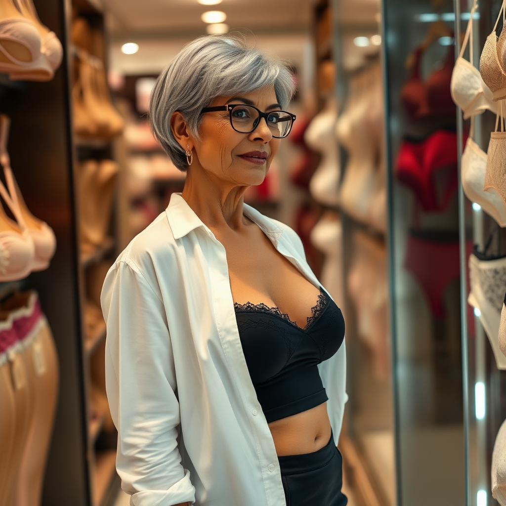 in a store, a gorgeous 45 Years old, European, Latina, sharp aquiline nose, wrinkles, high cheekbones, Middle Eastern, Skinny, Tanned skin, Dark light skin, Rounded breasts, Medium breasts, Skinny thighs, Big ass, Rounded ass, full Makeup, jewelry, Serious face, Sharp nose, shocked, smile, blushing, open mouth, blushing, horny, Ash hair, short bowl haircut, Brown eye color, Glasses, with detailed features. She is looking with envy and shame at the lingerie, she is imagining her in the lingerie she sees, she is wearing a white open shirt and a pencil black skirt, detailed fabric, full body,