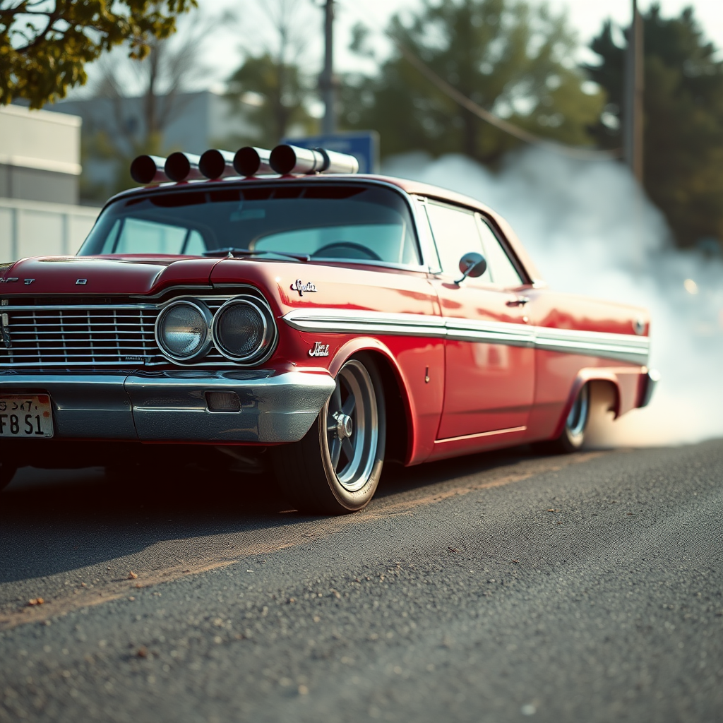 The drag car is parked on the side of the road, inspired by Taiyō Matsumoto, tumblr, restomod, nd4, c4 metallic shine classic american low rider custom paint ford alev desenler.