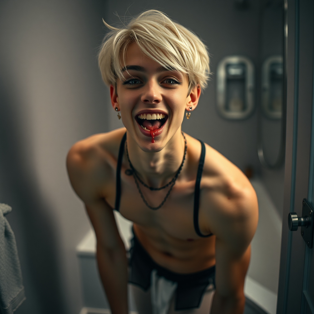 photorealistic, ultra high resolution, 16K, surreal fantasy, studio lighting, a pretty 16 year old goth boy, slim male physique, short blonde hair, goth makeup, earrings, pantyhose, white ballet shoes, in the bathroom, excited smile, facing the camera, drooling from his mouth