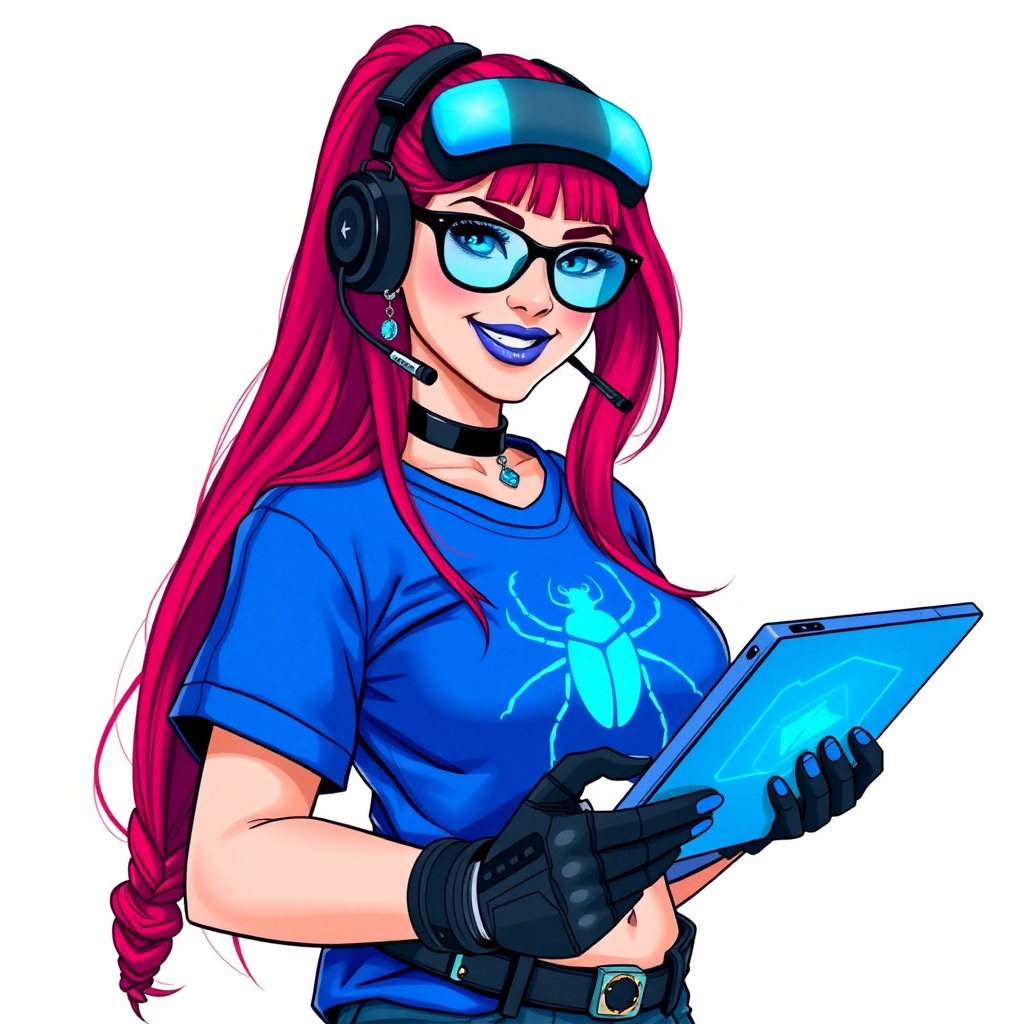 An intelligent and tech-savvy 28-year-old computer hacker and tech genius. She has a long ruby red ponytail. She wears maximum blue lipstick, blue eyes, a sapphire beetle gemstone necklace, sapphire earrings, black eyeglasses, hi-tech power gloves, and an oversized maximum blue t-shirt covering her midsection featuring a neon blue glowing beetle chest icon. She has a full-figured physique with a large prominent wrecking ball-sized midsection, reflecting her well-cared-for lifestyle. She sports a sapphire headset with a hi-tech maximum turquoise lensed HUD, and a beaming smile accentuated by a passionate neon red blush. She serves as his tech expert from his hideout, holding a futuristic tool wrench and a futuristic digital tablet. The background is solid white. She is drawn as if she was in a retro 2D cyberpunk fighting game.