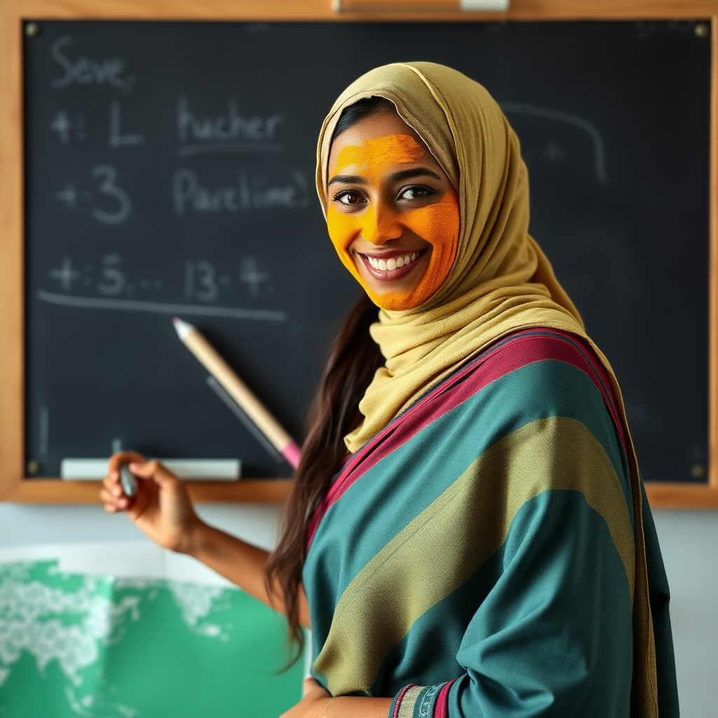 slim, 30 year old, sexy, french female school teacher, saree, scarf head, turmeric face mask. She is smiling and teaching on a blackboard