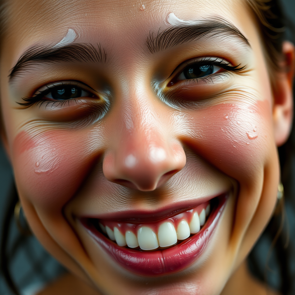 Close-up of a person smiling. She has wet glue on her face.