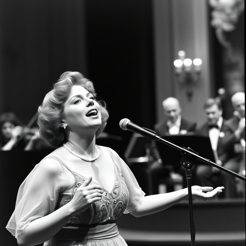 Lucy Thomas singing on stage with an orchestra in background. photo