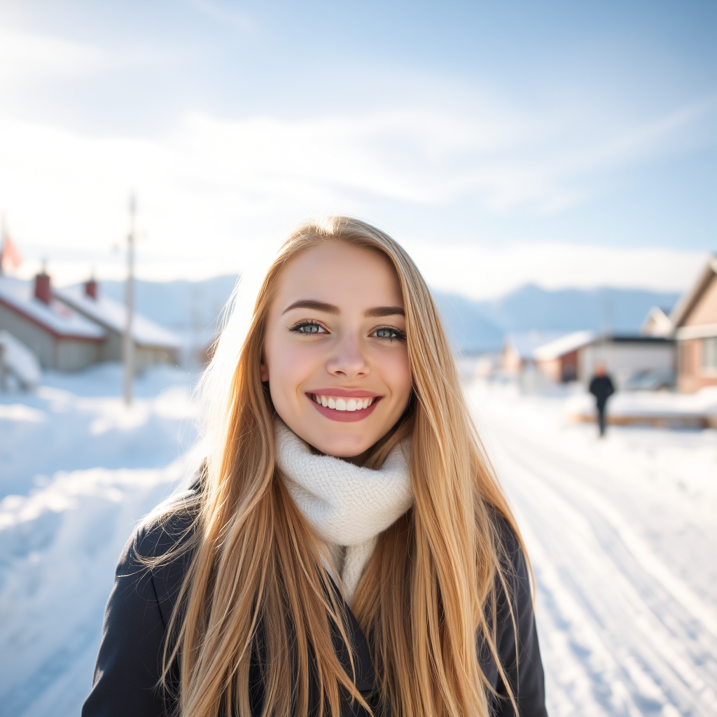 beautiful young woman with lush cherry blonde long hair, full lips, on Alaska Anchorage happy in sunny snow