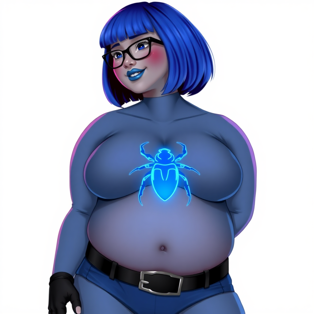 A 28-year-old, full-figured, middle gray metal skinned computer program-human hybrid with a maximum blue bob cut. She has an obvious non-athletic build. She is the digital sidekick, computer hacker, and nerdy girlfriend of her cyberpunk vigilante boyfriend. Her middle gray metallic skin, distinct from any other character, highlights her digital nature. She wears maximum blue lipstick and has bright blue eyes. Her outfit includes an oversized, loose fitting, digital, computerized, maximum blue full bodysuit (accentuating her non-athletic figure) with a neon blue glowing chest icon of a beetle on its chest, black belt with a sapphire scarab beetle buckle, and black gloves. Black eyeglasses accentuate her nerdiness, and she has a lovestruck smile with neon red blush. Her non-athletic full figure consists of a prominent, gargantuan, round midsection (with the full emphasis on her round gargantuan belly), gigantic limbs, and broad shoulders, reflects the doting care of her vigilante boyfriend. She has a bashful pose with her hands behind her back on a solid white background. She is drawn as if she was in a retro 2D cyberpunk fighting game. Ensure her oversized loose fitting full bodysuit covers all her bare skin (especially her prominent round gargantuan belly). Her oversized loose fitting full bodysuit is influenced by Watchmen's Silk Spectre II. She is clearly non-athletic, with emphasis on her full-figured and pudgy physique.