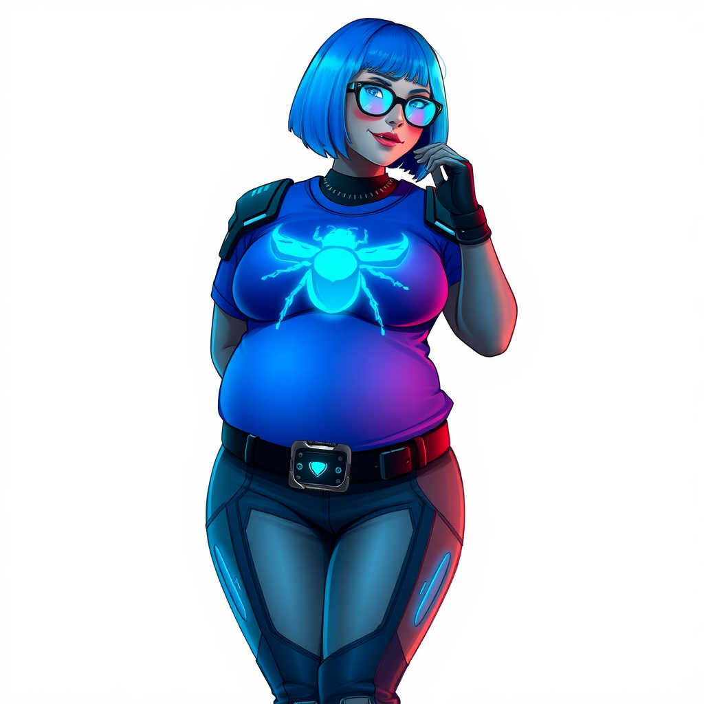 A 28-year-old, full-figured, metallic middle gray skinned computer program hybrid with a vibrant maximum blue bob cut. She has a non-athletic build, highlighted by a prominent, round, large midsection (fully emphasizing her round large belly) while being covered by her large t-shirt, reflecting her new junk food eating habits influenced by her boyfriend. As the full-figured, nerdy, digital sidekick to her cyberpunk vigilante boyfriend, her middle gray metallic skin and maximum blue lipstick underscore her digital essence. She dons a digital, computerized outfit: a large, tight-fitting, high-tech, maximum blue t-shirt with neon blue glowing beetle themed accents completed by a giant neon blue glowing beetle icon on the chest, hi-tech shoulder pads with neon blue accents, a black hi-tech belt with a digital sapphire beetle buckle, digital maximum blue pants with neon blue accents, and black hi-tech gloves with neon blue glowing accents. Her neon blue glowing eyes, black eyeglasses with neon blue lenses equipped with a built-in HUD, and shy smile with neon red blush highlight her nerdiness. She stands bashfully with one hand behind her back and the other gently touching her cheek, her outfit covering all her bare skin and fully emphasizing her full-figured physique (especially her large belly). She is clearly non-athletic, with a heavy focus on her full-figured physique (with full emphasis on her large belly). Despite her build, she radiates beauty. Her slim face contrasts with her physique, accentuating her radiant beauty. She is set against a solid white background. She is drawn as if she were in a retro 2D cyberpunk fighting game.