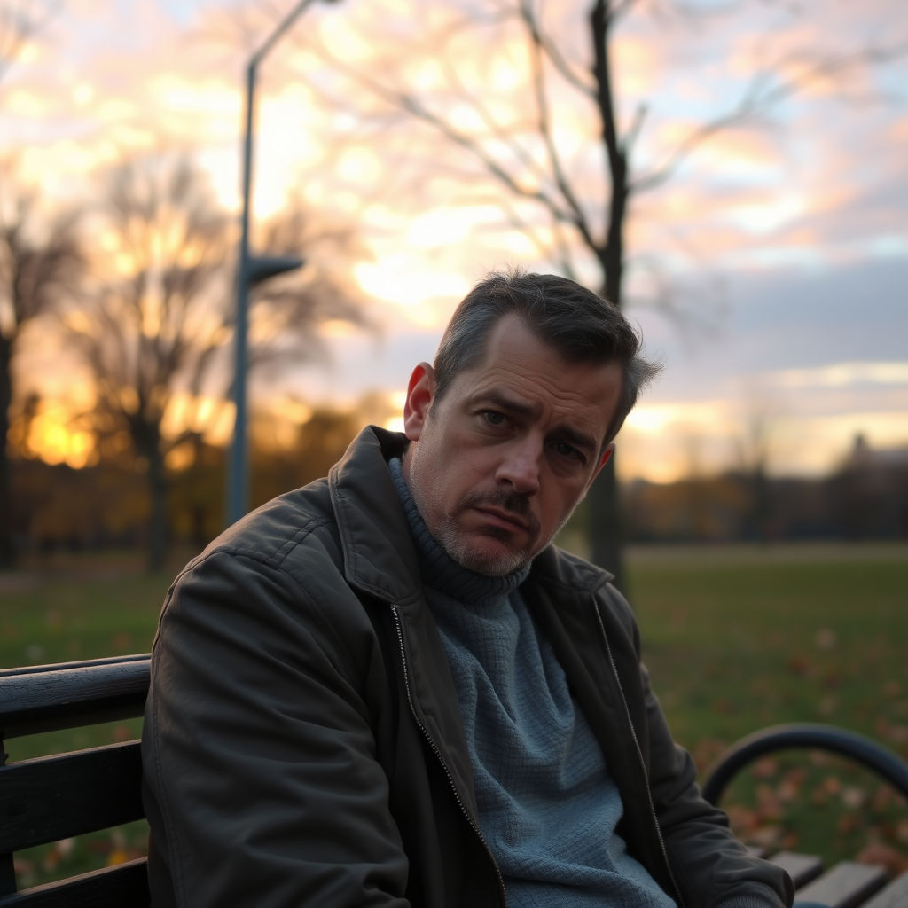 THE FACE OF A SAD MAN ON A BENCH SOMEWHERE IN A PARK IN AN AUTUMN LANDSCAPE AT SUNSET DISAPPOINTED WITH HIS LIFE