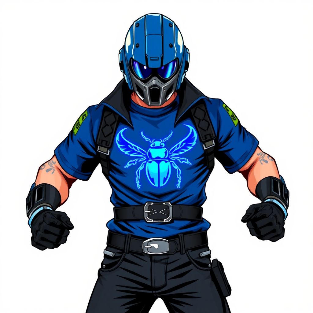 A 28-year-old cyberpunk vigilante stands heroically, clad in a maximum blue biker shirt featuring a neon blue beetle on the chest. He wears black biker pants, a black belt with a sapphire beetle buckle, and a helmet resembling a sleek, tactical design, but colored maximum blue with neon blue glowing lenses. Their hands are protected by black metal gloves, all set against a solid white background. He is drawn as if he was in a retro 2D cyberpunk fighting game.