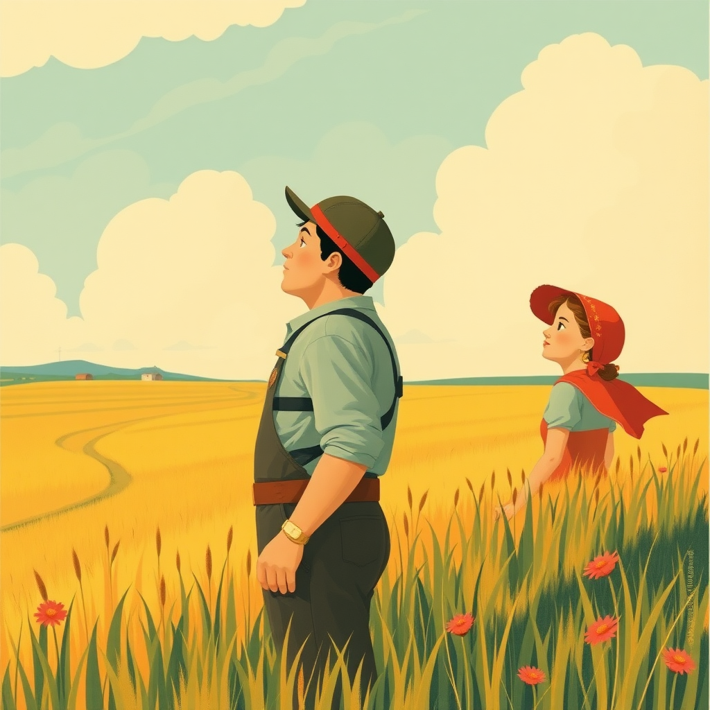 a big strong soviet poster USSR working man and woman in a field looking to the horizon but in the style of children's book's illustration