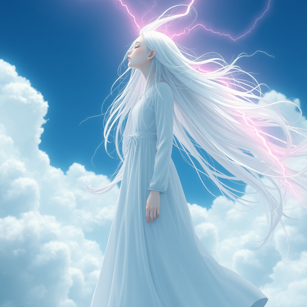 1 girl, solo, long hair, closed mouth, closed eyes, white hair, sky, clouds, white floating, floating hair, cloudy sky, long dress, electricity, pink lightning, 3D movie quality, real photo, rich in detail, ultra high resolution, 32K UHD, sharp focus, best quality, masterpiece, superb detail, delicate balance, with exquisite textures, concept art, mid-air, eyeshadow, makeup,