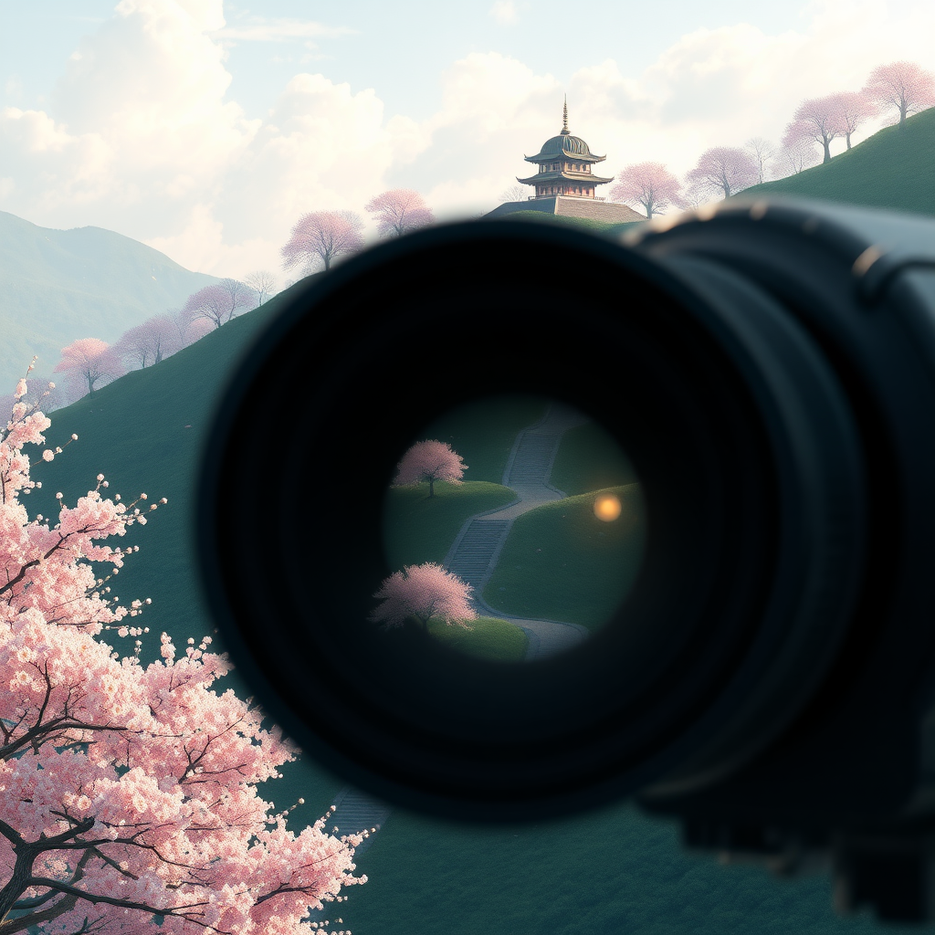 best quality, game cg illustration, a very gentle slope with a small temple at the top, and the slope is covered with blooming cherry blossom trees. Eye level, super telephoto lens, the lens is aimed directly at the small temple.