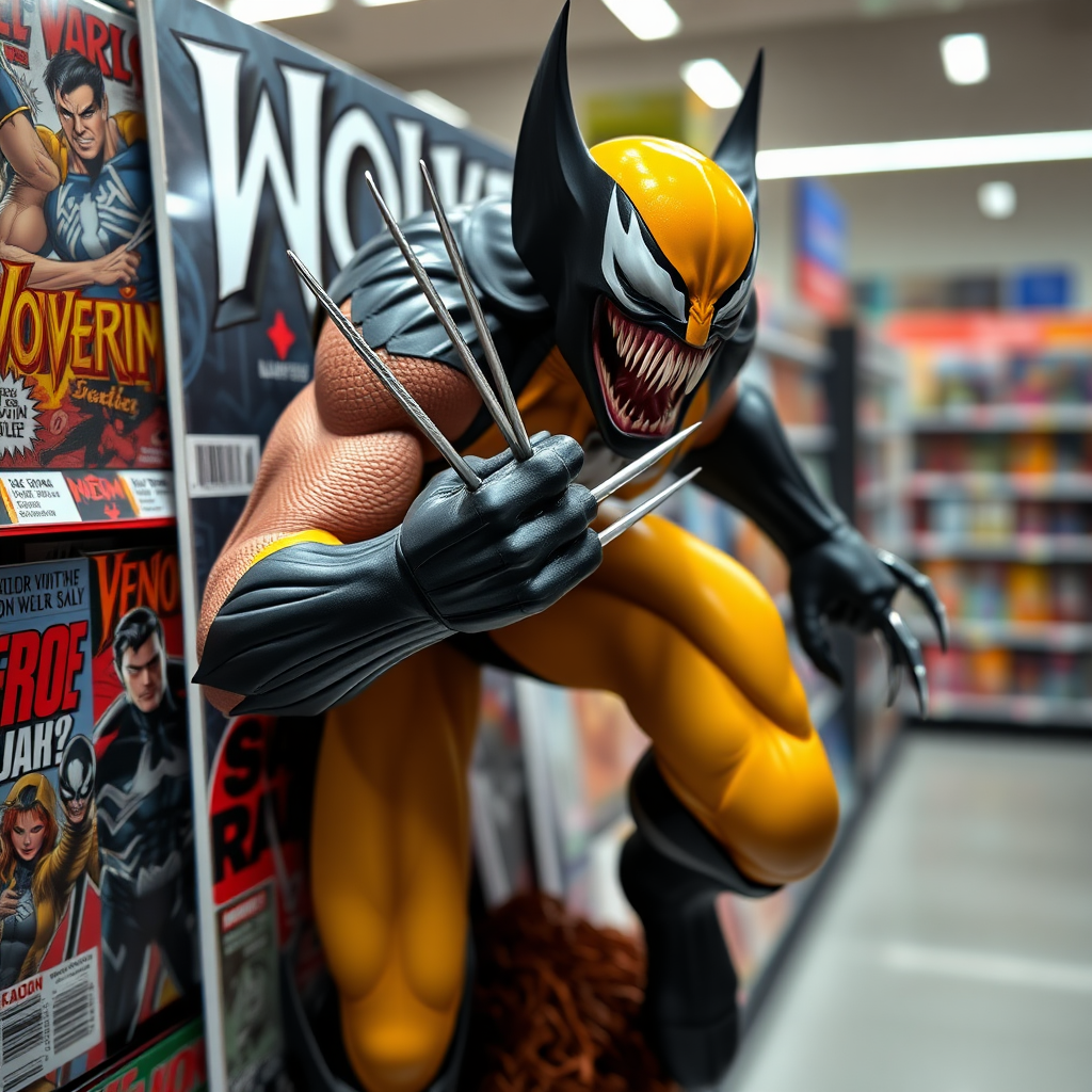 Jumping out of a Comic book cover on a store shelf is Wolverine and Venom. Wolverine has his claws impaled into Venom in Cinematic Real3D photo-realistic quality.