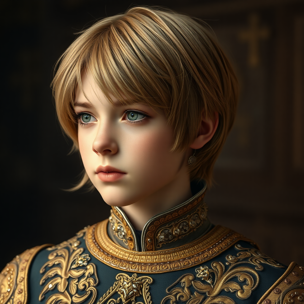 16yo teen boy prince, long bob cut, embroidered with gold and diamonds medieval cloths. photorealistic, ultra high resolution, 16K,