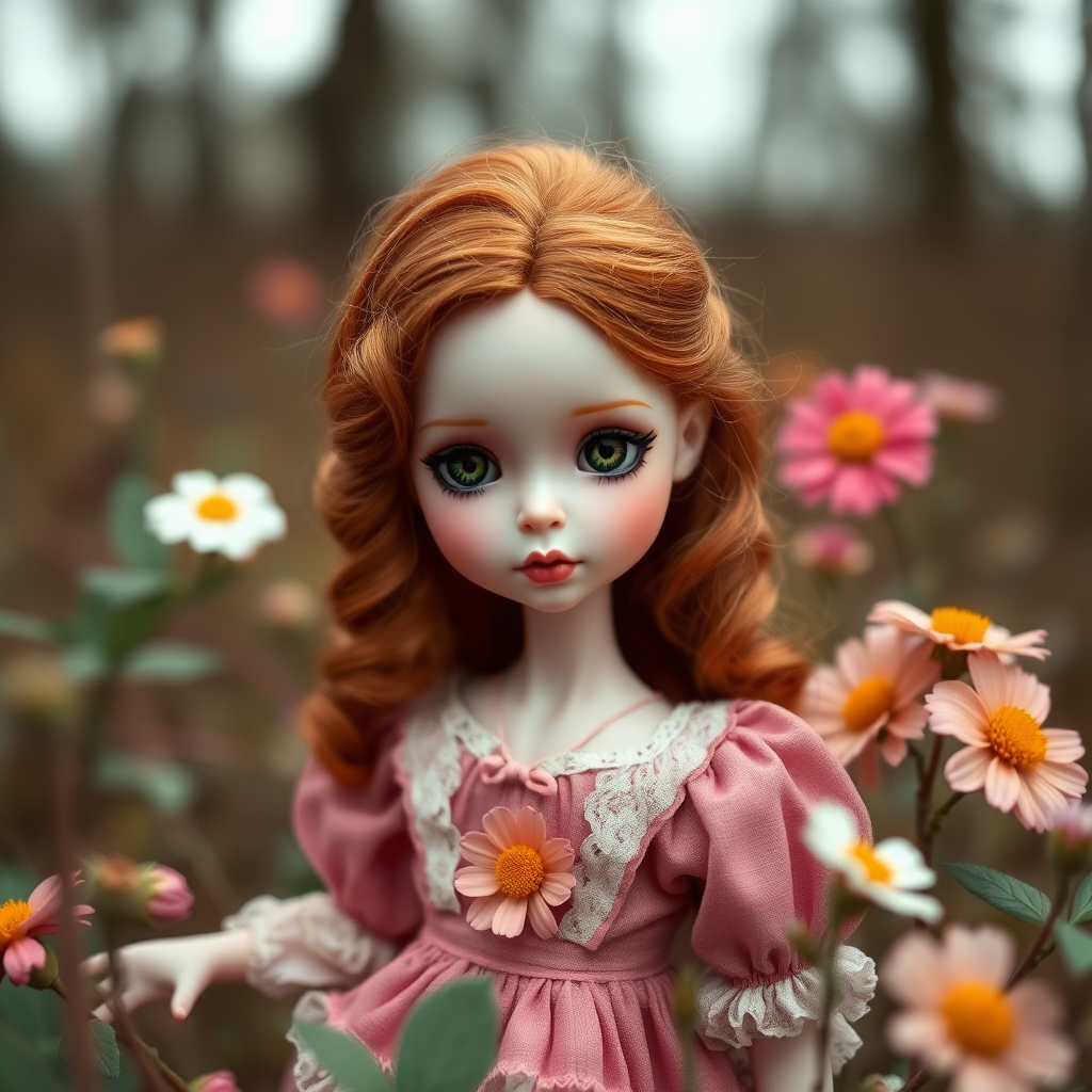 ooak art doll in nature, looking at camera, shy flirting, bisque doll, artist doll, realistic doll, life-like porcelain doll, handmade, one of a kind, focus stacking, abstract, minimalist art, in focus, hyperfocal, bisque porcelain, Victorian dress, floral, symmetric, sacred geometry, original, unique personality, dynamic, cinematic scene, centered, zoom shot, telephoto lens, preteen ginger girl, balanced colors